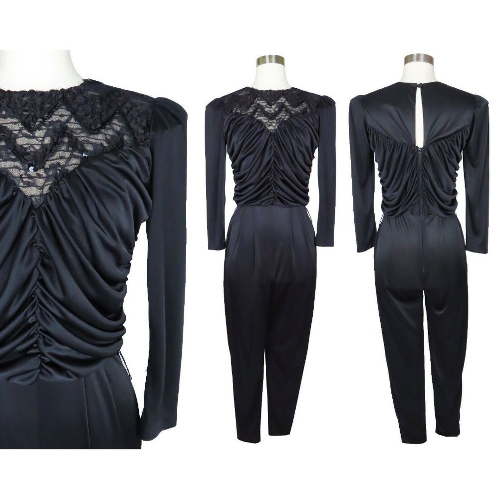 Vintage 80s Black Sequin Jumpsuit XS S Draped Cocktail Party Prom Slinky Draped